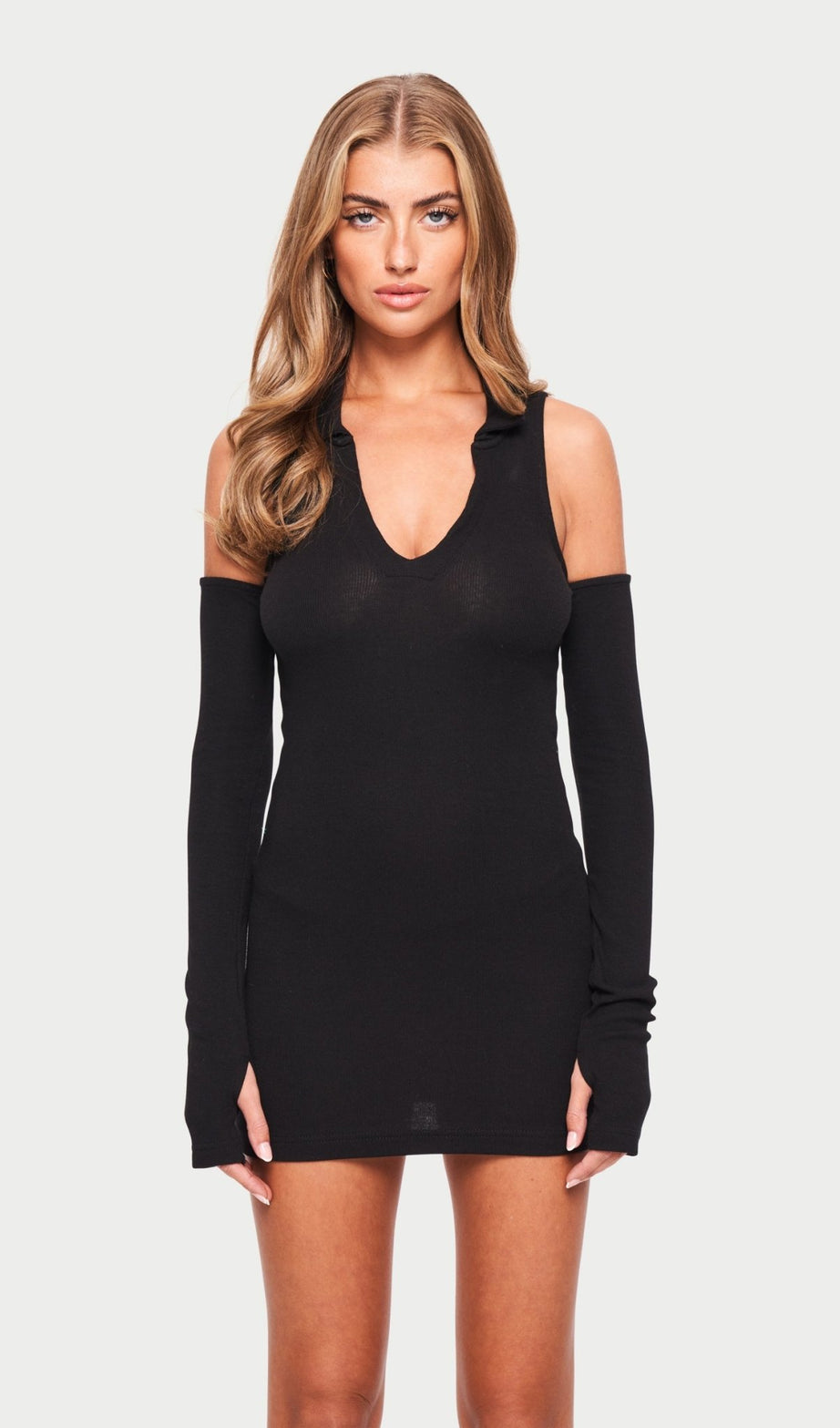 COLLAR DETAIL RIBBED MINI DRESS - BLACK - Drakkar shop